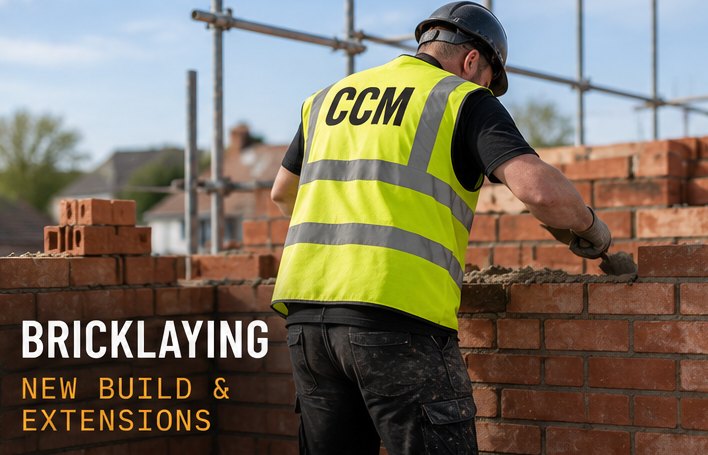 Bricklayer in a CCM hi-vis vest laying a brick wall. Bricklaying: new build and extensions