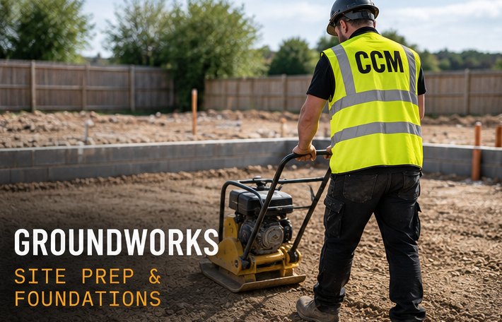 Groundworker in a CCM hi-vis vest compacting a building plot. Groundworks: site prep and foundations